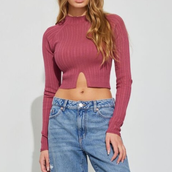 Garage Mock Neck Long Sleeve Top XS Burgundy NWT, Y2K Fitted Ribbed Bodycon Crop - Picture 12 of 13